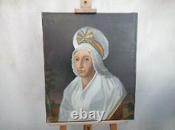 Beau tableau huile sur toile ancien Portrait Femme coiffe