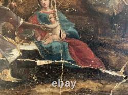 Belle Huile Sur Pierre Marbre Sainte Famille Religion Jésus Christ XVIIie Ancien