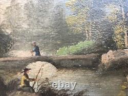 Belle Peinture Huile Panneau Ancien Rivière XIXe Pêche Signé A Identifier Forêt