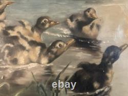 Belle Peinture Huile Sur Toile Canard Lac Animal Animaux Nature 1920 Ancien Art
