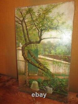 Belle huile sur toile ancienne scène de jardin au printemps signée