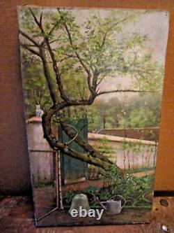 Belle huile sur toile ancienne scène de jardin au printemps signée