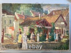 Belle peinture Huile Sur Toile René Blanc scène de mariage 1950 art Ancien Ville