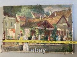 Belle peinture Huile Sur Toile René Blanc scène de mariage 1950 art Ancien Ville