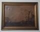 Cadre Ancien Huile Sur Toile Paysage Marin Avec Château Xix Siècle 84x64 Cm