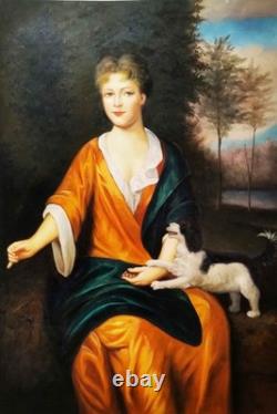 Carré Huile sur Toile Portrait Dame Avec Chien 60x90 Style Ancien Made IN Italy