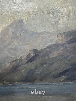 Château romantique au bord d'un lac alpin huile sur toile paysage ancien