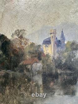 Château romantique au bord d'un lac alpin huile sur toile paysage ancien