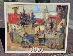 Christian SCHMIDT. Tableau Scène de Village / Automobile Ancienne. HST. Signé