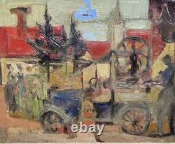 Christian SCHMIDT. Tableau Scène de Village / Automobile Ancienne. HST. Signé