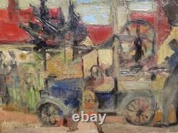 Christian SCHMIDT. Tableau Scène de Village / Automobile Ancienne. HST. Signé