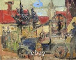 Christian SCHMIDT. Tableau Scène de Village / Automobile Ancienne. HST. Signé