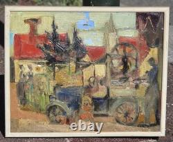 Christian SCHMIDT. Tableau Scène de Village / Automobile Ancienne. HST. Signé
