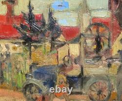 Christian SCHMIDT. Tableau Scène de Village / Automobile Ancienne. HST. Signé
