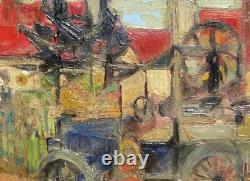 Christian SCHMIDT. Tableau Scène de Village / Automobile Ancienne. HST. Signé
