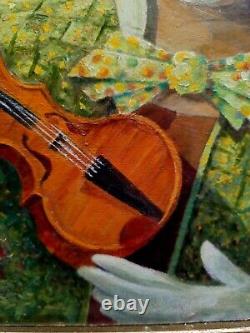 Clown violoniste Tableau ancien signé Weder. Huile toile sur panneau 51x41 cm
