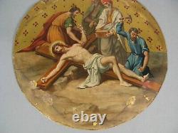 Crucifixion De Jésus Ancienne Peinture Religieuse Sur Cuivre Tondo Crucifiement