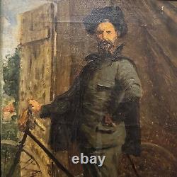 Ecole Française c 1890 Portrait d'Artiste à La Bicyclette tableau vélo ancien