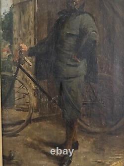 Ecole Française c 1890 Portrait d'Artiste à La Bicyclette tableau vélo ancien