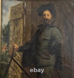 Ecole Française c 1890 Portrait d'Artiste à La Bicyclette tableau vélo ancien