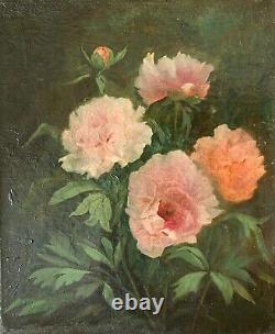 Ecole française fin XIXe, fleurs pivoines, tableau ancien, huile sur toile