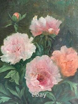 Ecole française fin XIXe, fleurs pivoines, tableau ancien, huile sur toile
