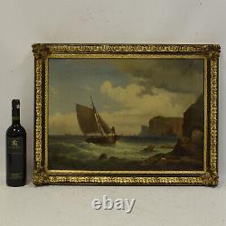 Environ 1850 Peinture ancienne à l'huile sur toile paysage marin 68x52