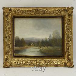 Environ 1900 Peinture ancienne Paysage avec rivière 40x35 cm