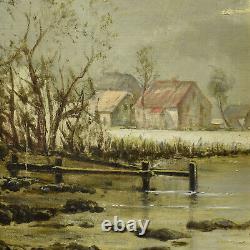 Environ 1900 Peinture ancienne à l'huile paysage avec maisons 56x36 cm