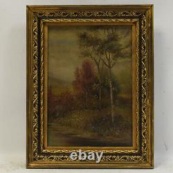 Environ 1900 Peinture ancienne à l'huile sur toile paysage forestier 50x39 cm