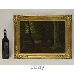 Environ 1900 Peinture ancienne à l'huile sur toile paysage forestier 62x47 cm