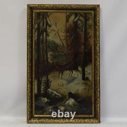 Environ 1900 Peinture ancienne à l'huile sur tôle Paysage cerf en hiver 79x49 cm