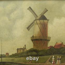 Environ 1950 Peinture ancienne à l'huile Paysage avec un moulin 68x61 cm