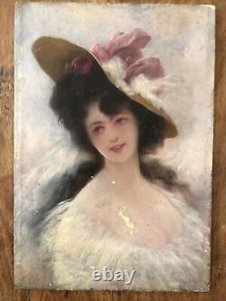 Femme au chapeau Superbe Huile Ancienne(XIX-début XX) sur carton, à restaurer