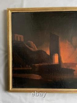Forteresse incendiée, huile sur toile, tableau ancien, peinture, XVIIIe
