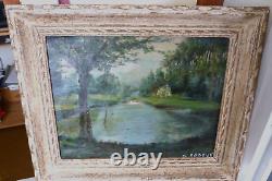 G. AGOGUE- Tableau Ancien Huile sur toile- Paysage Bord de RIVIERE-1984