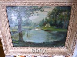 G. AGOGUE- Tableau Ancien Huile sur toile- Paysage Bord de RIVIERE-1984