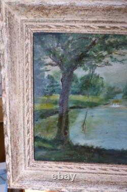 G. AGOGUE- Tableau Ancien Huile sur toile- Paysage Bord de RIVIERE-1984