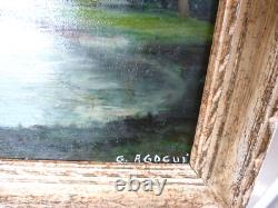 G. AGOGUE- Tableau Ancien Huile sur toile- Paysage Bord de RIVIERE-1984