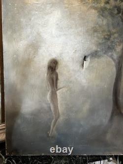Grand Huile Sur Toile Signée Ancienne Représentant Une Femme Et Un Arbre