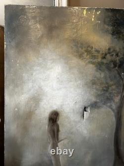 Grand Huile Sur Toile Signée Ancienne Représentant Une Femme Et Un Arbre