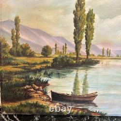 Grand Huile Sur Toile ancienne Signée Représentant Un Fleuve