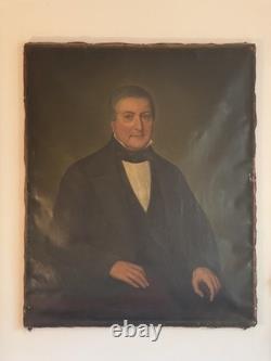 Grand Portrait Homme Notable Costume XIX Tableau Ancien Huile À Restaurer