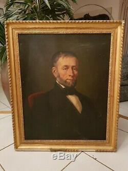 Grand Portrait d'homme ancien, huile sur toile, cadre doré époque XIX ème s