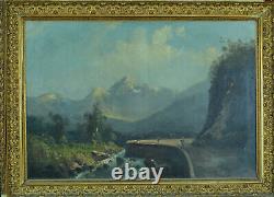 Grand Tableau ancien Alfred Godchaux paysage animé Pyrénées bord de rivière 19e
