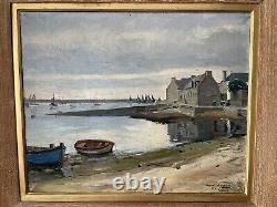 Grand Tableau ancien huile sur toile Port Breton Signé Daniel De Paris 1954
