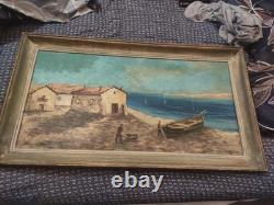 Grand tableau ancien huile sur toile FR LENDAL marine avec personnage