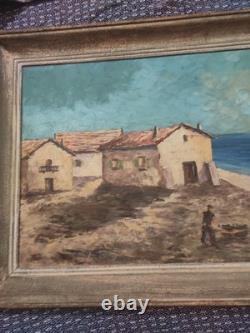 Grand tableau ancien huile sur toile FR LENDAL marine avec personnage