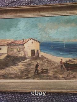 Grand tableau ancien huile sur toile FR LENDAL marine avec personnage