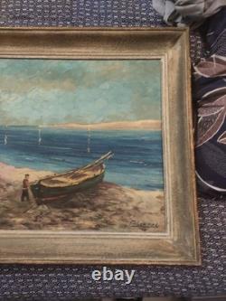 Grand tableau ancien huile sur toile FR LENDAL marine avec personnage